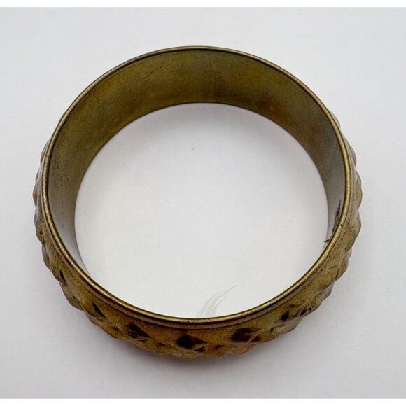 Vintage Brass Textured Bangle Bracelet Diamond Stud Pattern Boho Chic - Picture 6 of 7